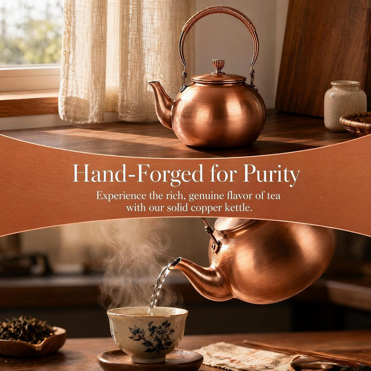 Handmade Copper Kettle 1200ML, Copper Stovetop Tea Kettle, Handmade Solid Copper Teapot with Stay-Cool Grip, Fast Boiling Gas Stove for Tea Ceremony Home Kitchen Use (1.3L-C)