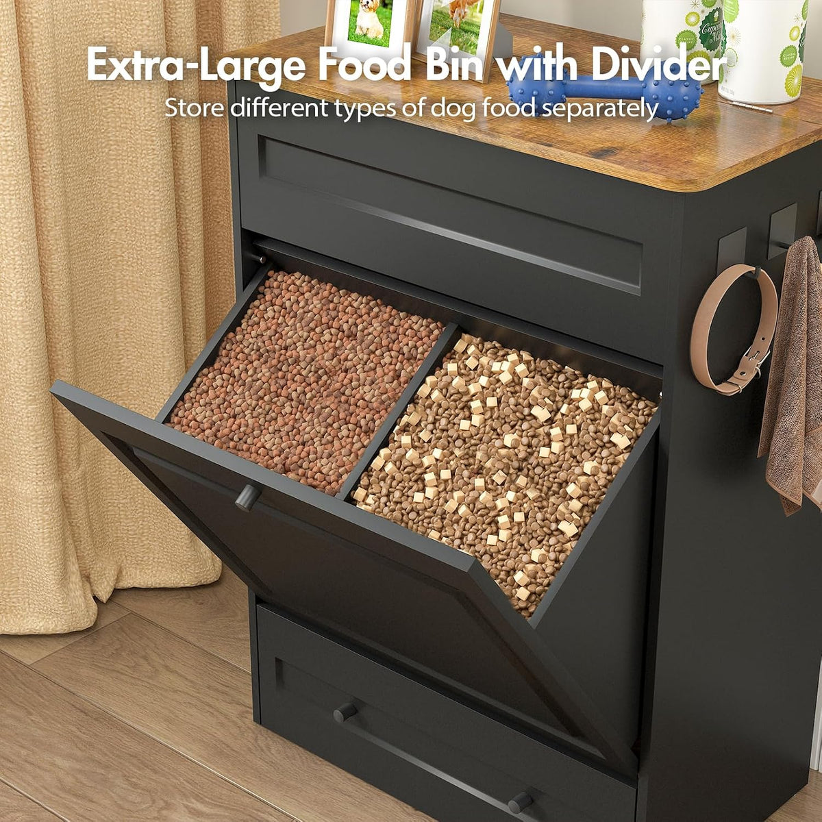 Elevated Dog Feeding Station with Storage, Pull-Out Bowls & Slow Feeder