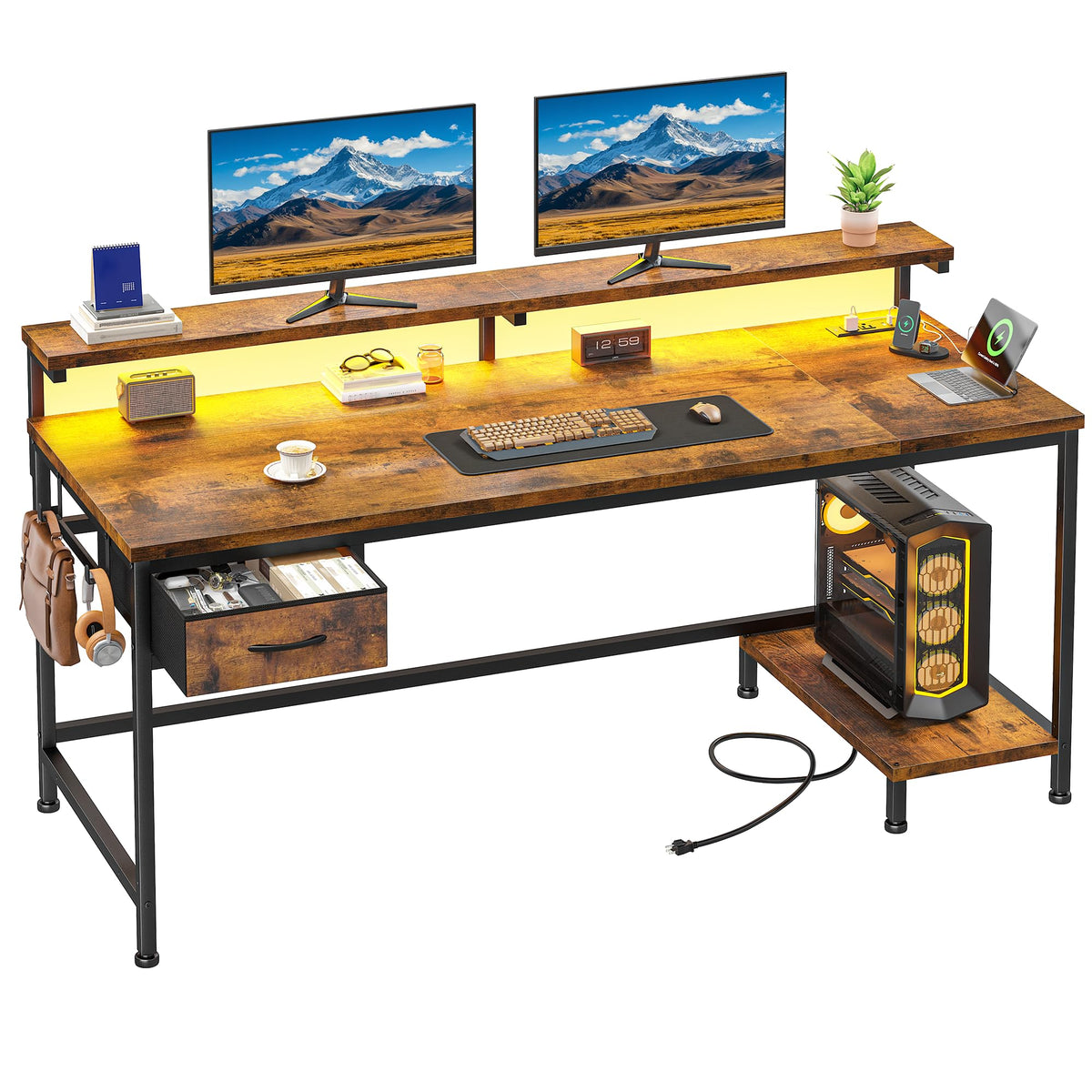 DurayLoly 47.2" Gaming Desk with Power Outlet and LED Lights,Bedroom,Black
