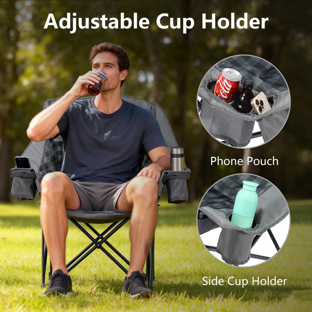 2 Pack Oversized Camping Chair for Adults, Portable Heavy Duty Padded Outdoor Chairs with Phone Pouch and Side Cup Holder for Camping, Fishing, Beach, Sports, Supports 500lbs