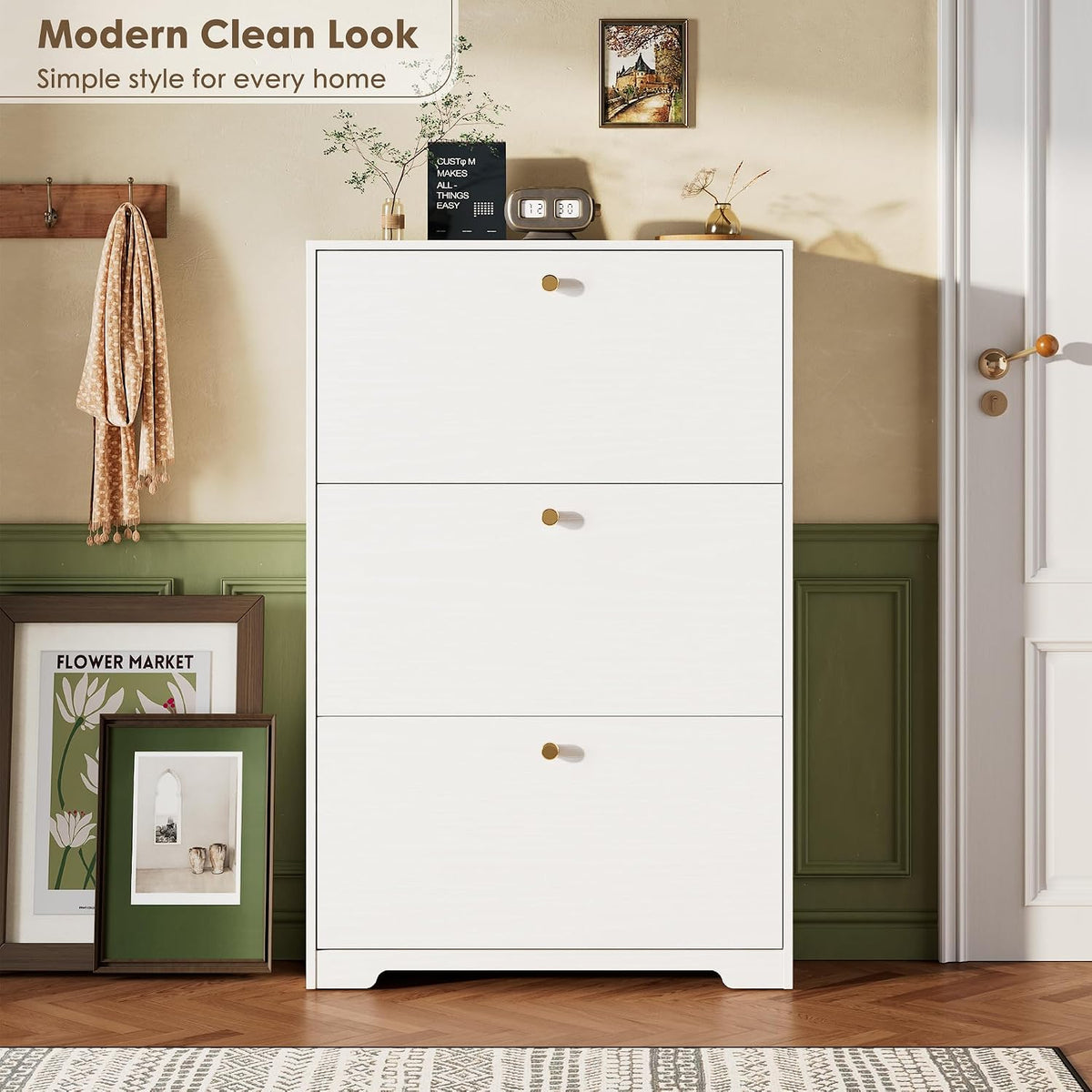 Nicetree Shoe Cabinet with 3 Flip Drawers, Narrow Shoe Organizer Cabinet, Freestanding Shoe Rack Cabinet, Modern Shoe Storage Cabinet for Entryway, Hallway, Foyer, White