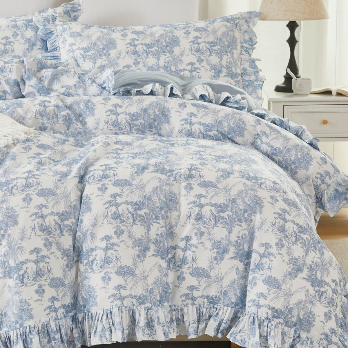 Brandream French Country Toile Queen Duvet Cover Set for Girl Women Bedroom Vintage Pink Toile Floral Print 100% Cotton Duvet Quilt Comforter Cover Pillow Shams Set with Delicate Ruffle Fringe