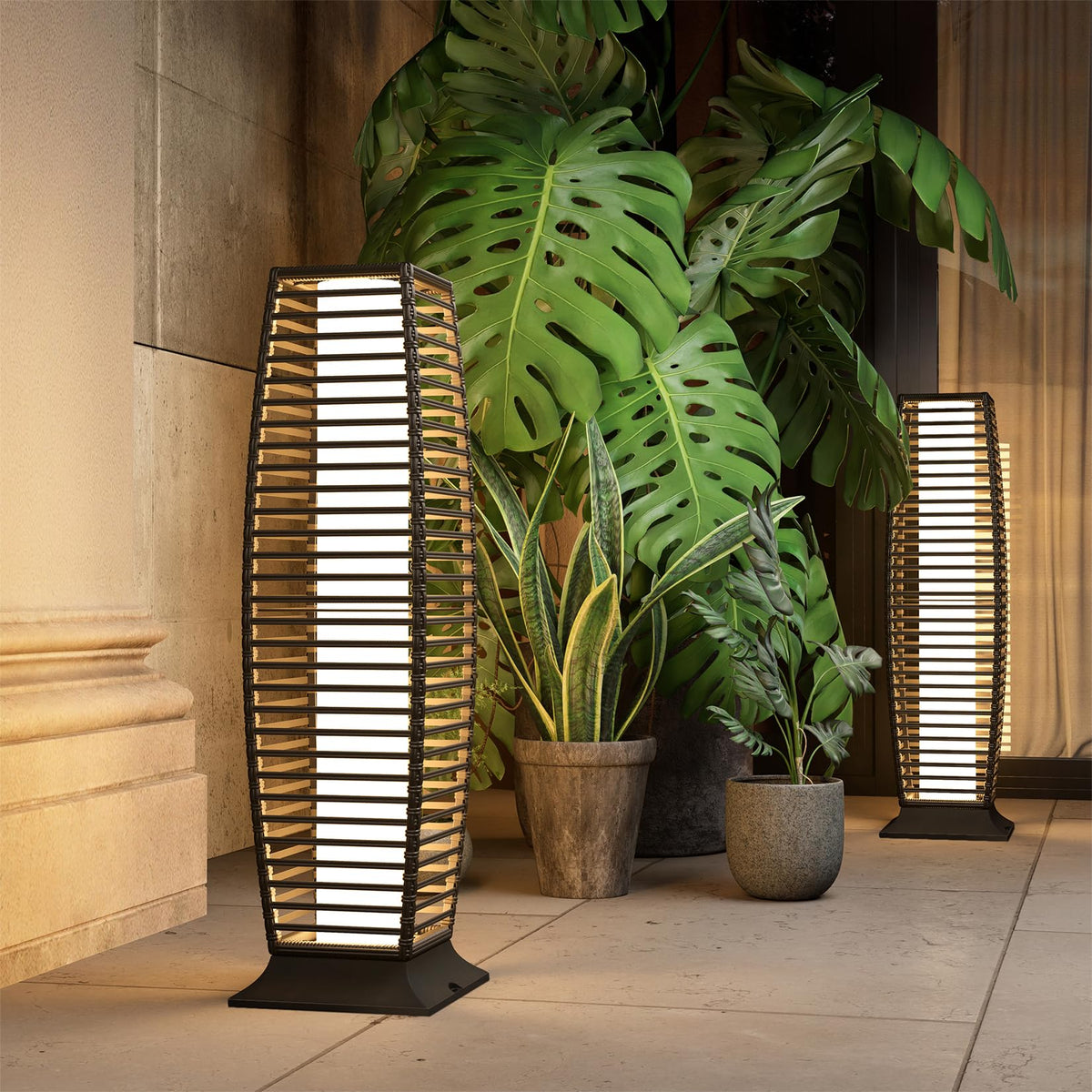 Grand patio 2-Piece Outdoor Floor Lamp Solar Powered Lantern Waterproof Wicker Boho Deck Lights for Garden Porch Decor, Large Crossover