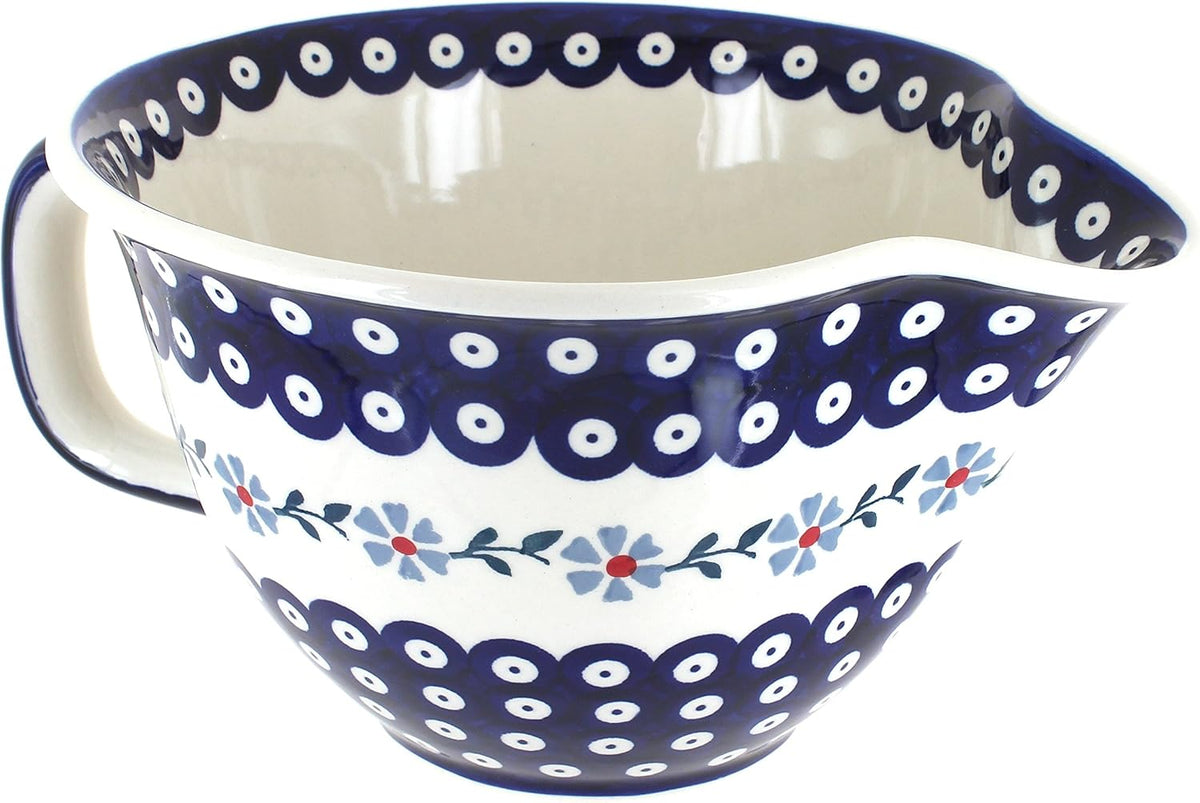 Blue Rose Polish Pottery - Green Floating Fern Batter Bowl - 10 Cup Capacity - Hand-Painted Ceramic Mixing & Pouring Bowl with Handle and Spout