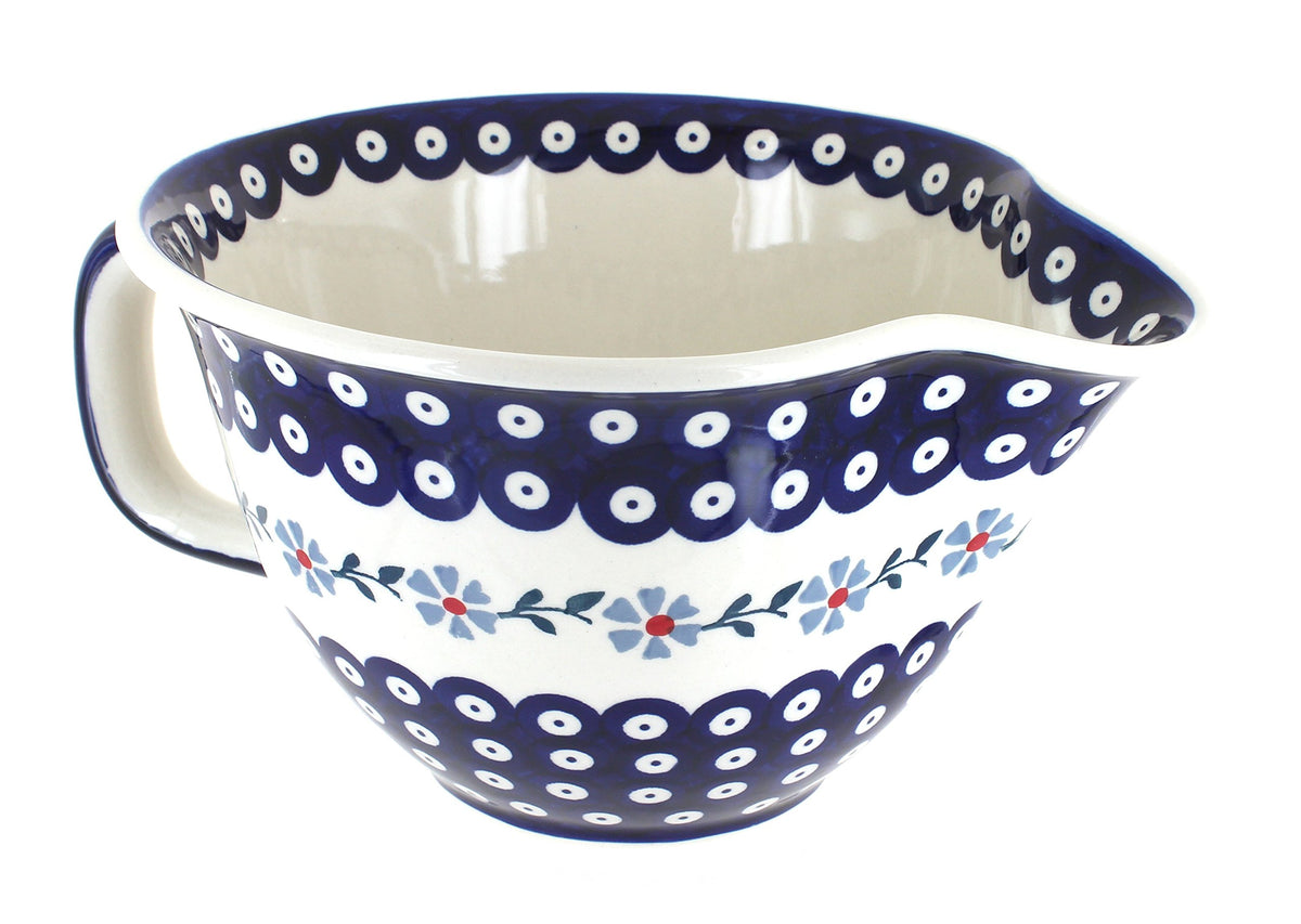 Blue Rose Polish Pottery - Red Daisy Batter Bowl - 10 Cup Capacity - Hand-Painted Ceramic Mixing & Pouring Bowl with Handle and Spout