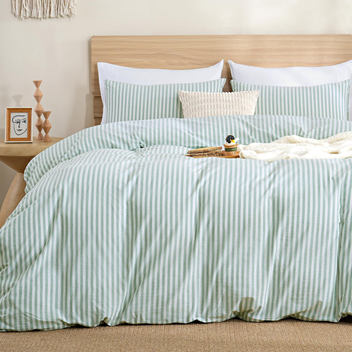 TOCOMOA Tan Gingham Duvet Cover Set Washed Cotton Like Linen, Cal King