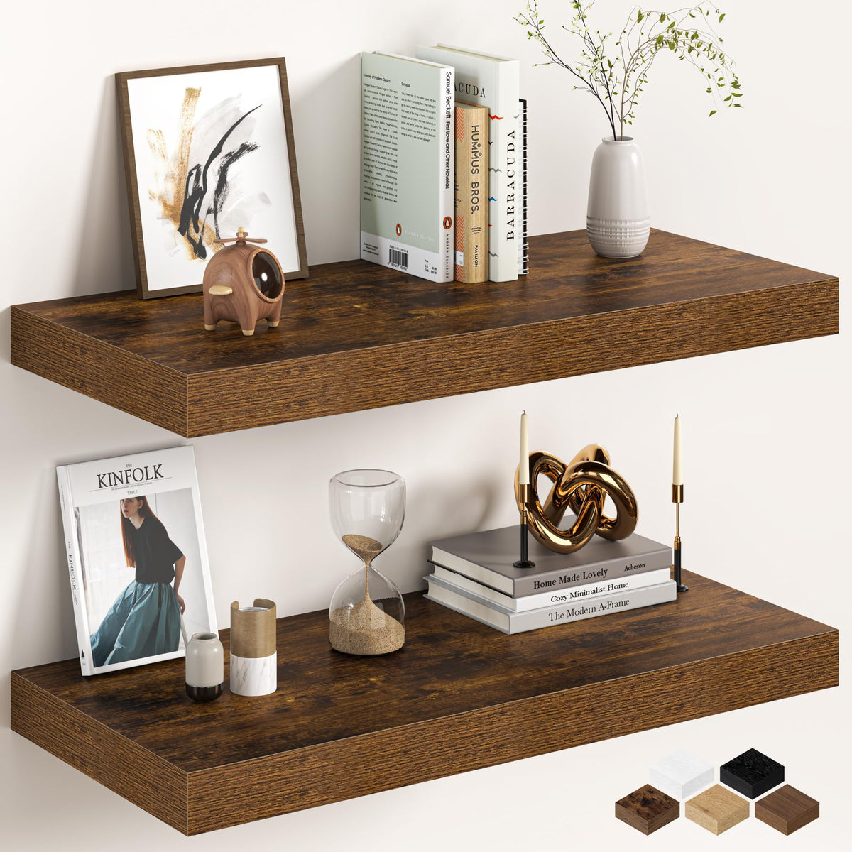 30Inch Oak Floating Shelves for Wall, 12 Inch Deep Shelves for Bedroom, Kitchen, Bathroom Wall Mounted, Rustic Wood Floating Shelf with Invisible Brackets for Books, Storage, Decor, 2 Packs