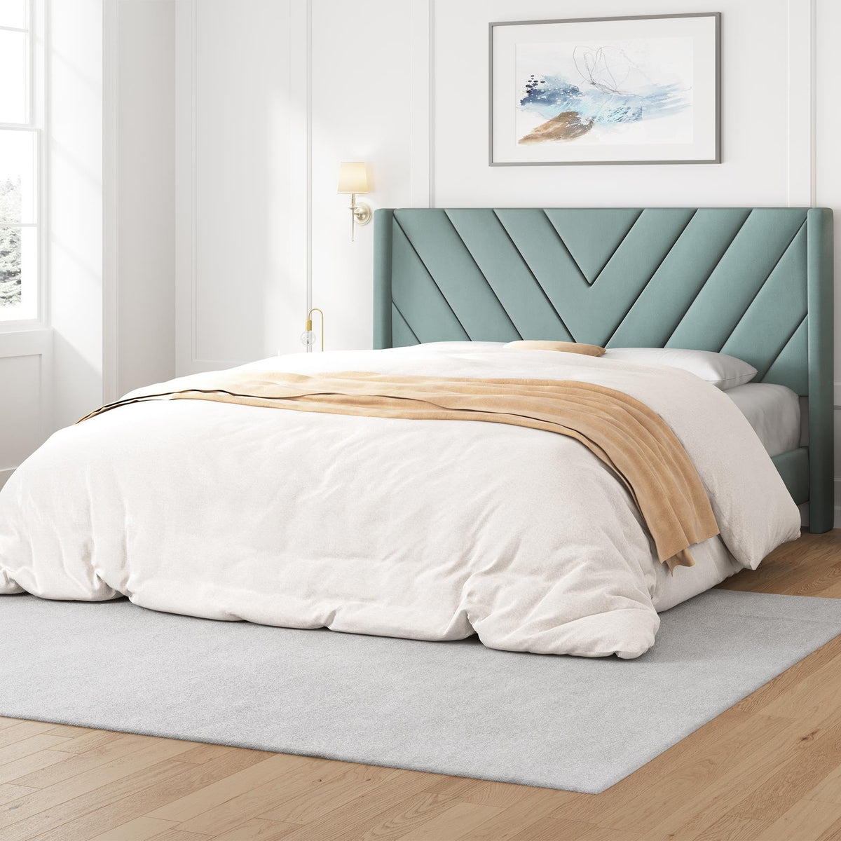 Yaheetech Queen Bed Frame with Chevron Channel-Tufted Headboard, Beige
