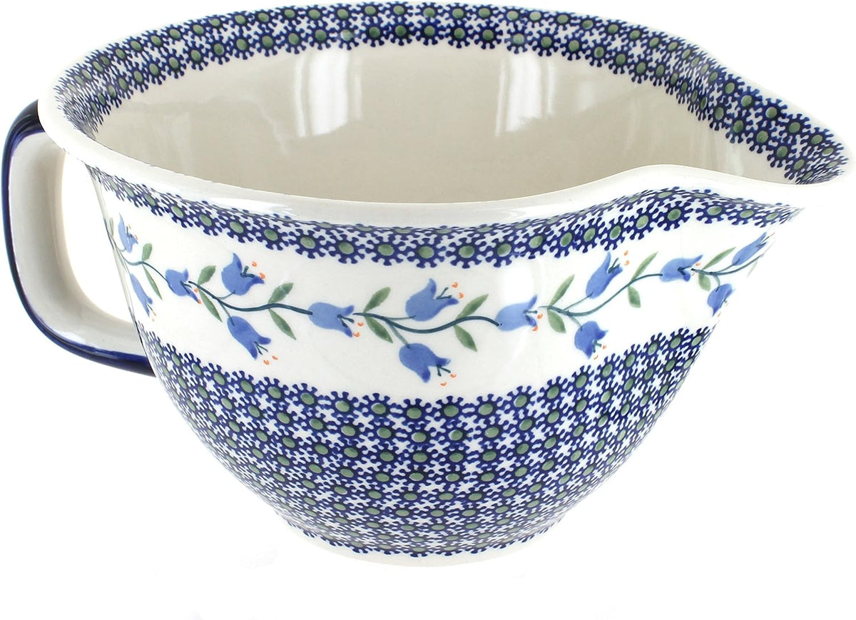 Blue Rose Polish Pottery - Green Floating Fern Batter Bowl - 10 Cup Capacity - Hand-Painted Ceramic Mixing & Pouring Bowl with Handle and Spout