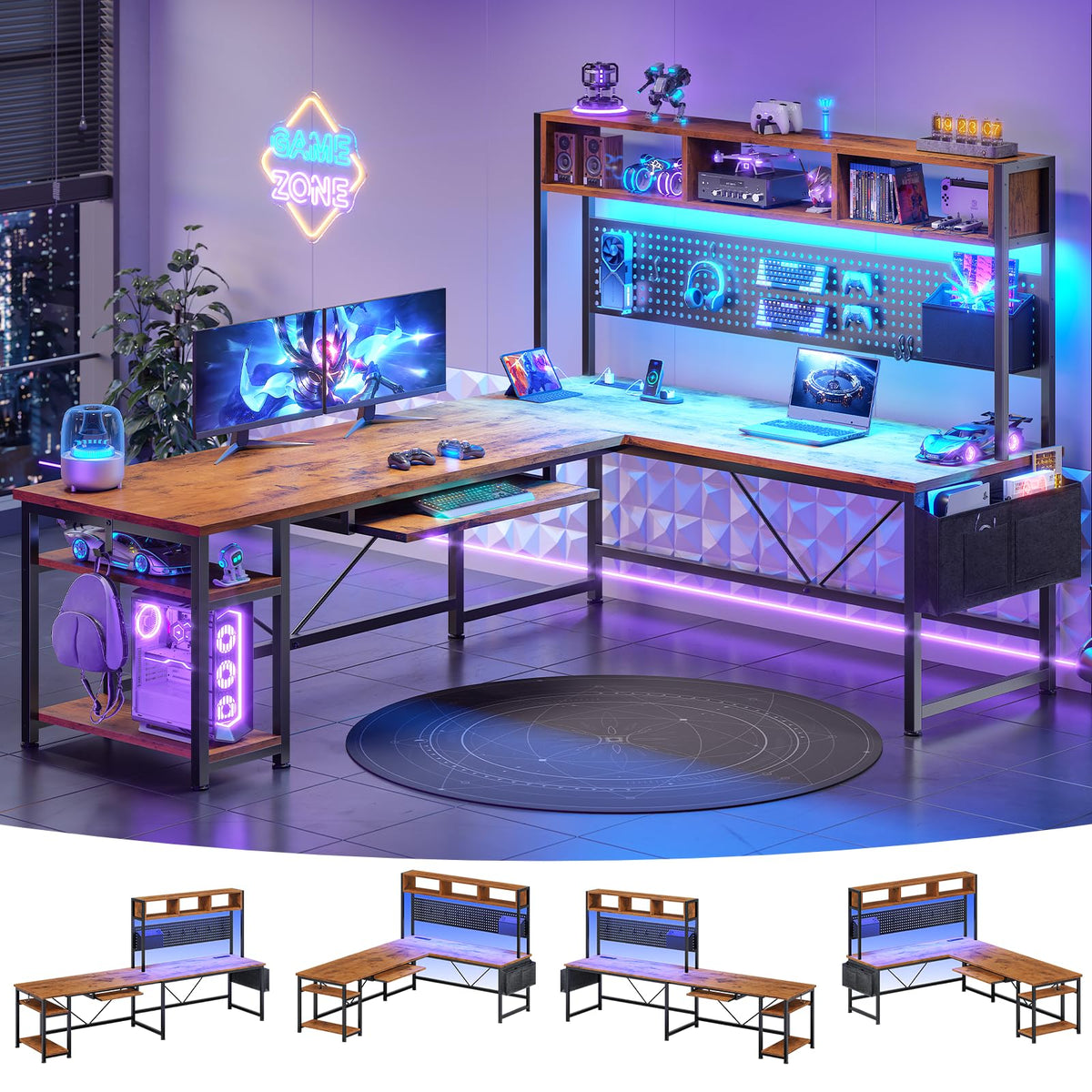 SEDETA 67" L Shaped Gaming Desk with Pegboard LED Lights and Power Outlet