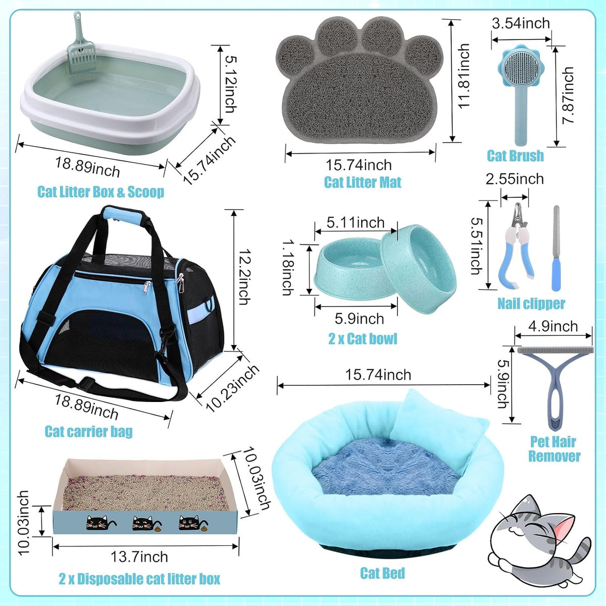 40 Pcs Kitten Starter Kit for Indoor Cats Include Litter Box, Carrier, Cat Bed, Climbing Post, Scratch Pad, Hammock, Feed Bowls, Mat, Collars, Nail File and More for Kitten Supplies Welcome Gift(Blue)