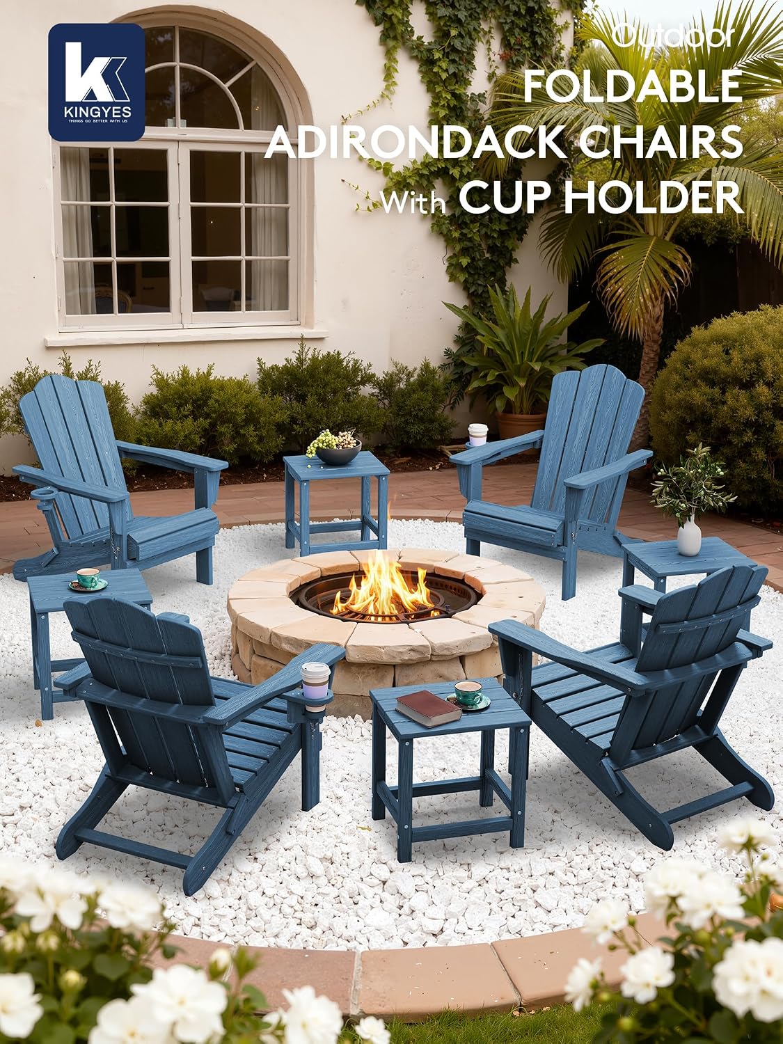 KINGYES Folding Adirondack Chair Set of 4 with Cup Holder, Navy