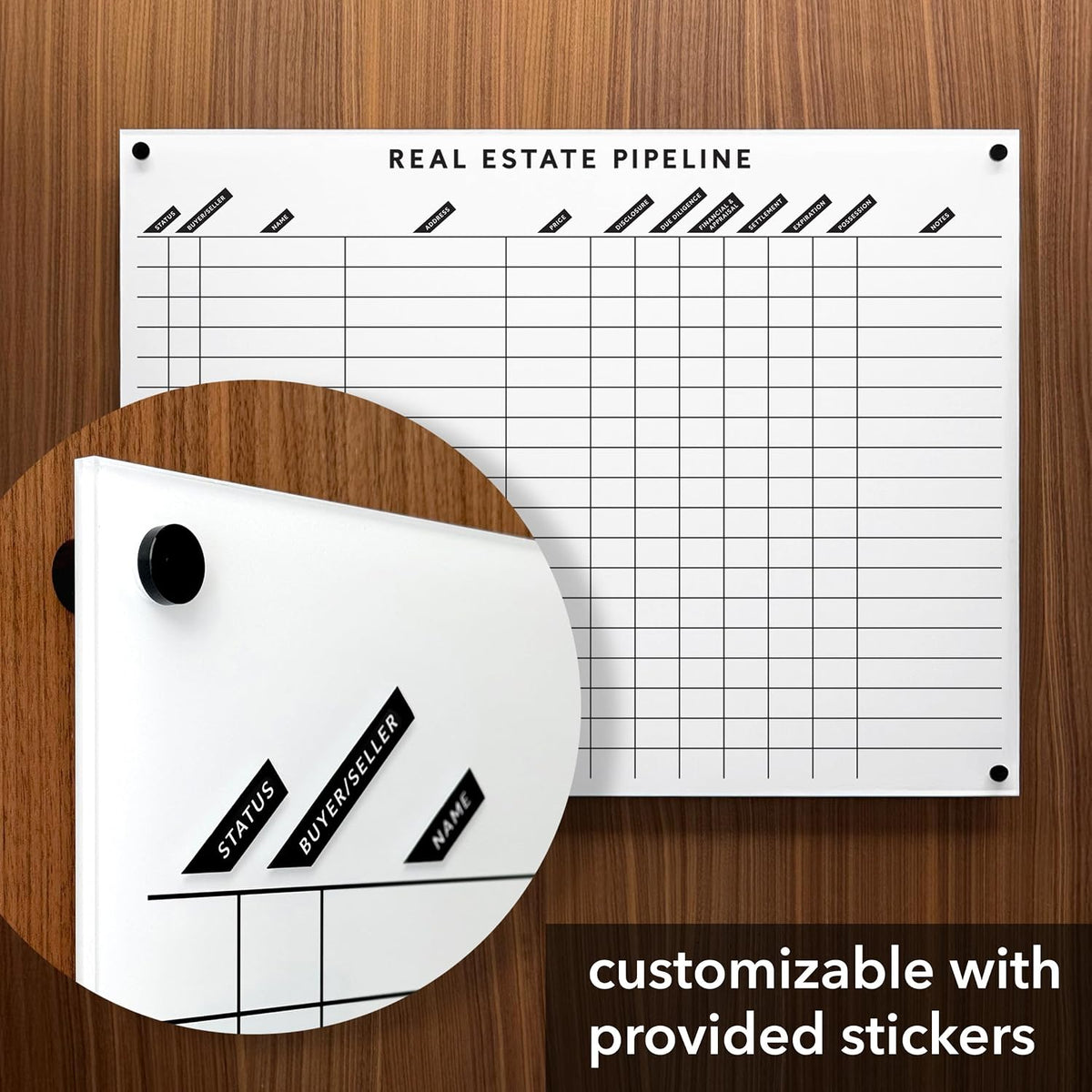 Real Estate Pipeline Board, 31 x 23 Inches, White Acrylic Dry-Erase Deal Tracking Board for Agents, Includes 110 Vinyl Stickers and Mounting Hardware, Made in USA