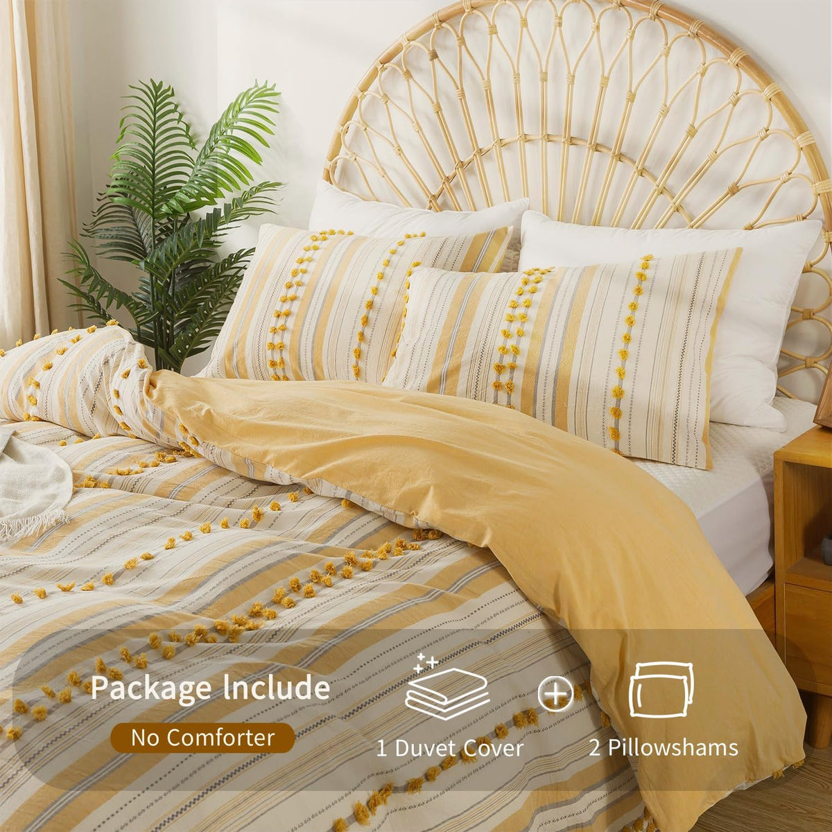 Washed Cotton Queen Size Duvet Cover Set - Tufted Dots Boho Chic Bedding for All Seasons, Striped Pom Pom Bedding Linen Like Textured Breathable Durable Soft Comfy (Yellow, 90x90'')