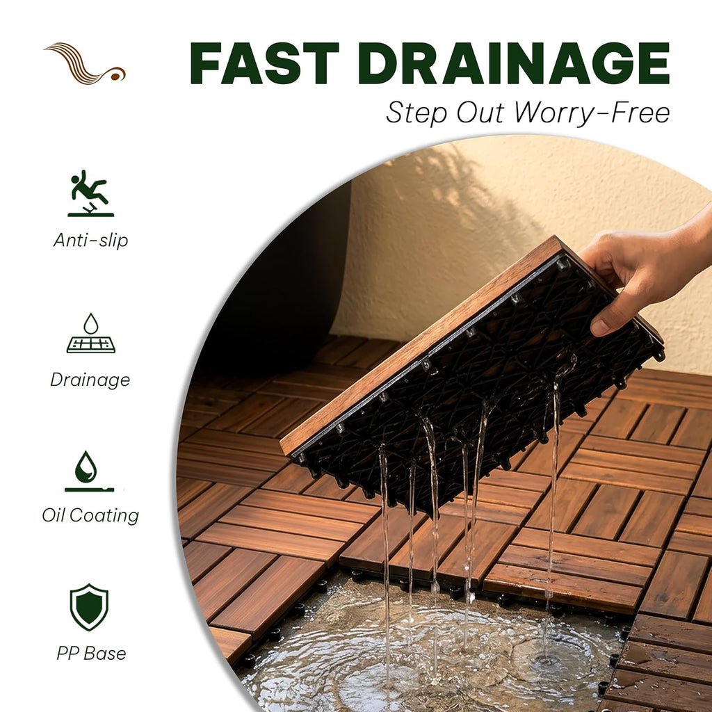 Acacia Interlocking Deck Tiles, 27 PCS Wood Flooring, 12 Slats, Walnut