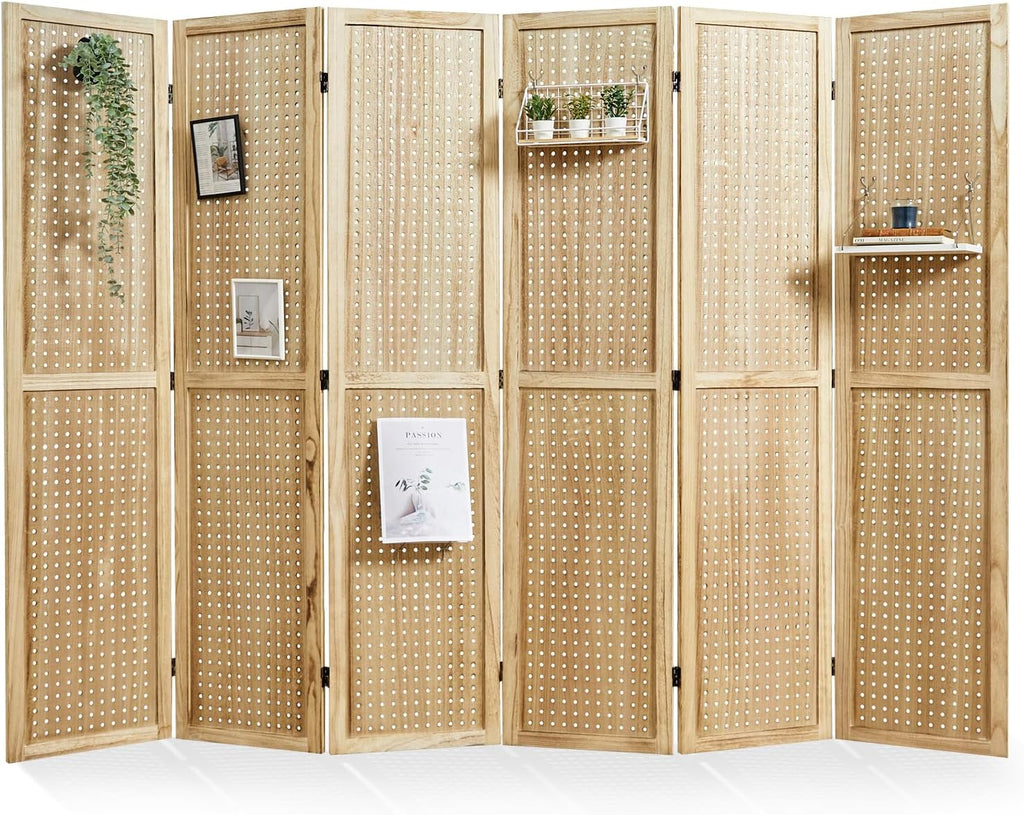 Pegboard Display, 5.6Ft Portable Freestanding Wall Organizer Wooden Room Divider Folding Privacy Screens for Craft Art Display Board (6 Panels, Natural)