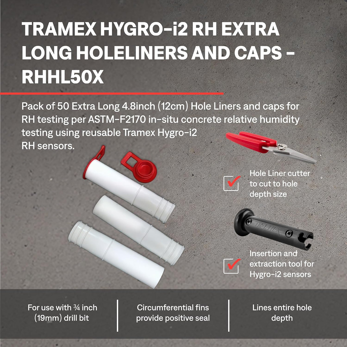 Tramex Hygro-i2 Extra Long Hole Liners & Caps RHHL50X (Pack of 50) | Use with Our Relative Humidity Probes for In-Situ Concrete & RH Testing of Flooring & Slabs | Use with Our Moisture Test System