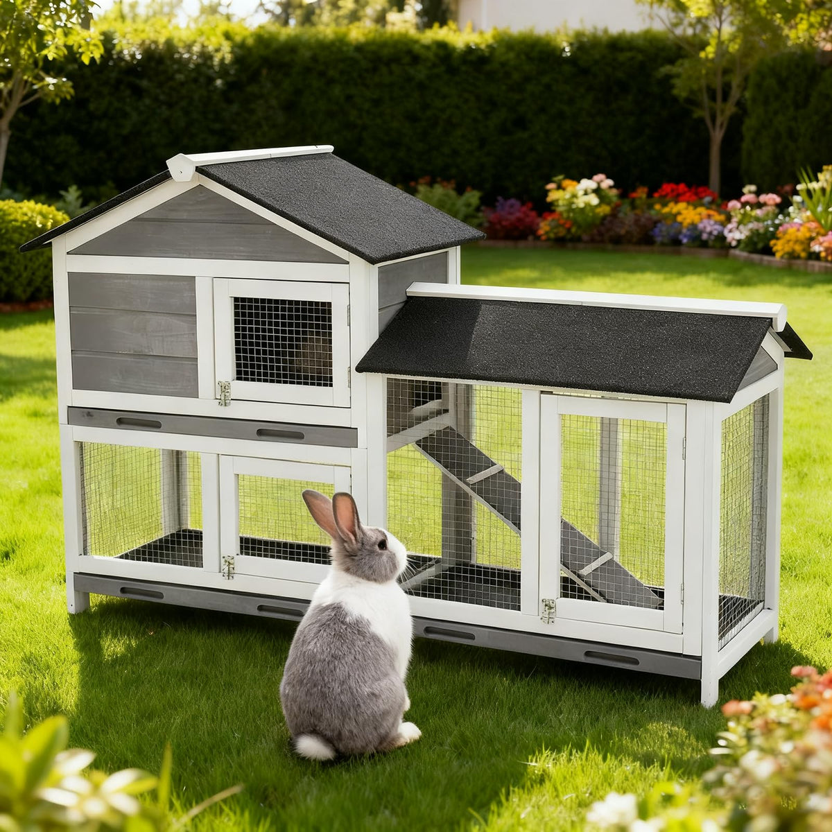 Garvee 58'' Bunny Hutch Indoor Bunny Cage, Rabbit Hutch, 2-Tier Bunny House