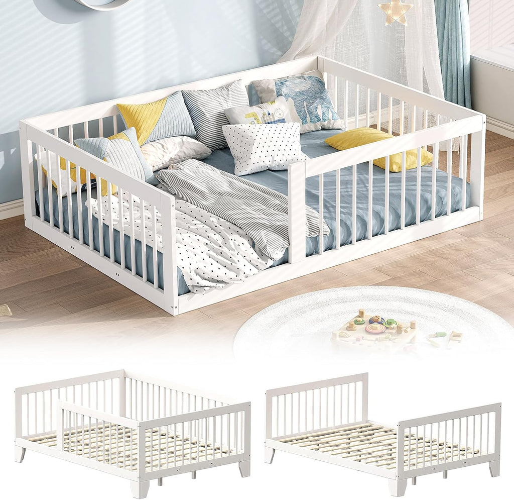 EXPERLAM Full Montessori Floor Bed for Kids, Removable Rails, White