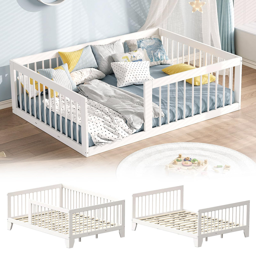 EXPERLAM Twin Montessori Floor Bed for Kids, Removable Rails, Burlywood
