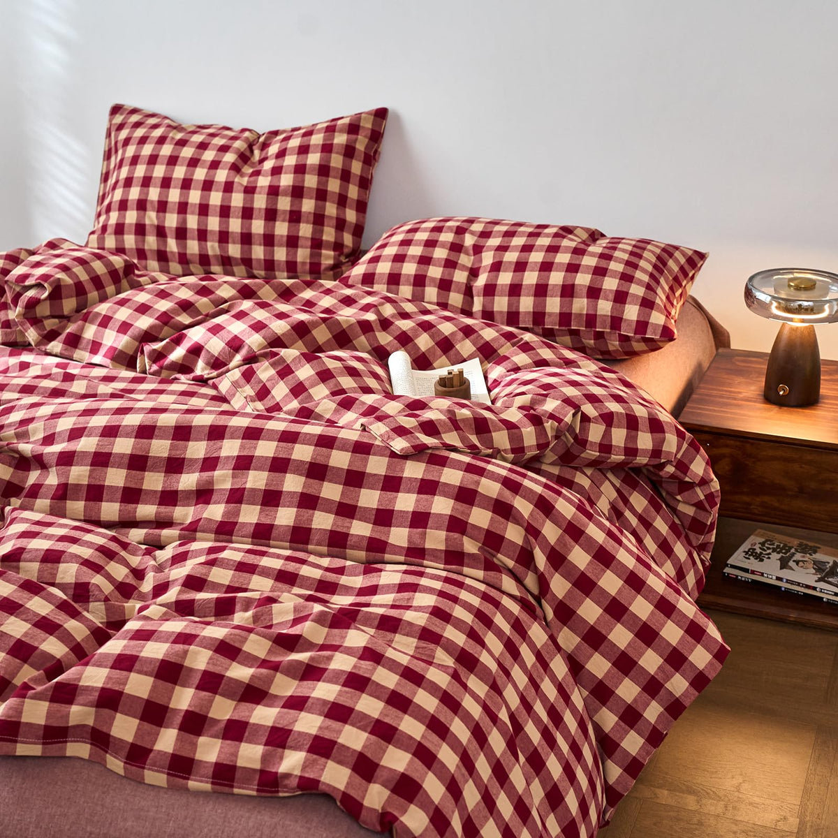 EAVD Vintage Buffalo Plaid Duvet Cover Queen Red&Black&Green Muslin Cotton