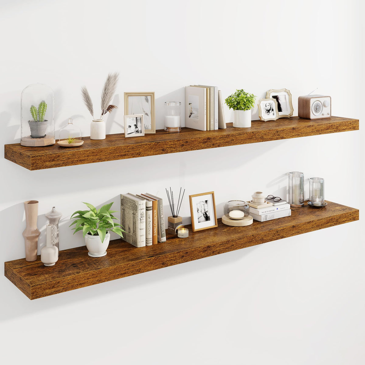 Marsmiles 55" Floating Shelves for Wall, Wooden Shelves with Invisible Brackets Set of 2, Rustic Farmhouse Wall Mounted Shelf for Kitchen Bathroom Living Room Study, White