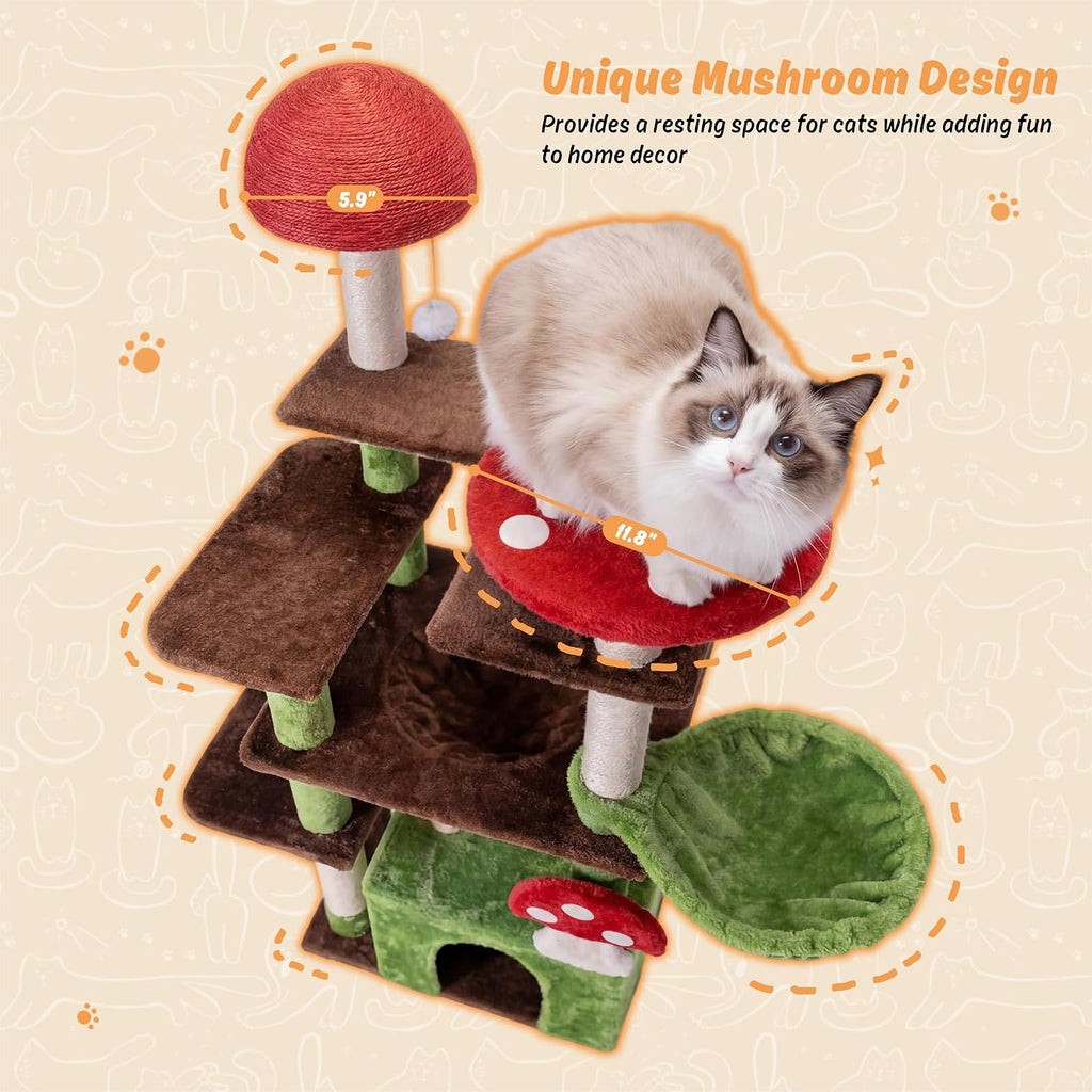 IRONCK 58" Cute Mushroom Cat Tree with Condo and Hammock
