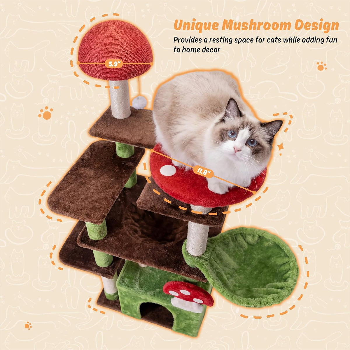 IRONCK 58" Cute Mushroom Cat Tree with Condo and Hammock