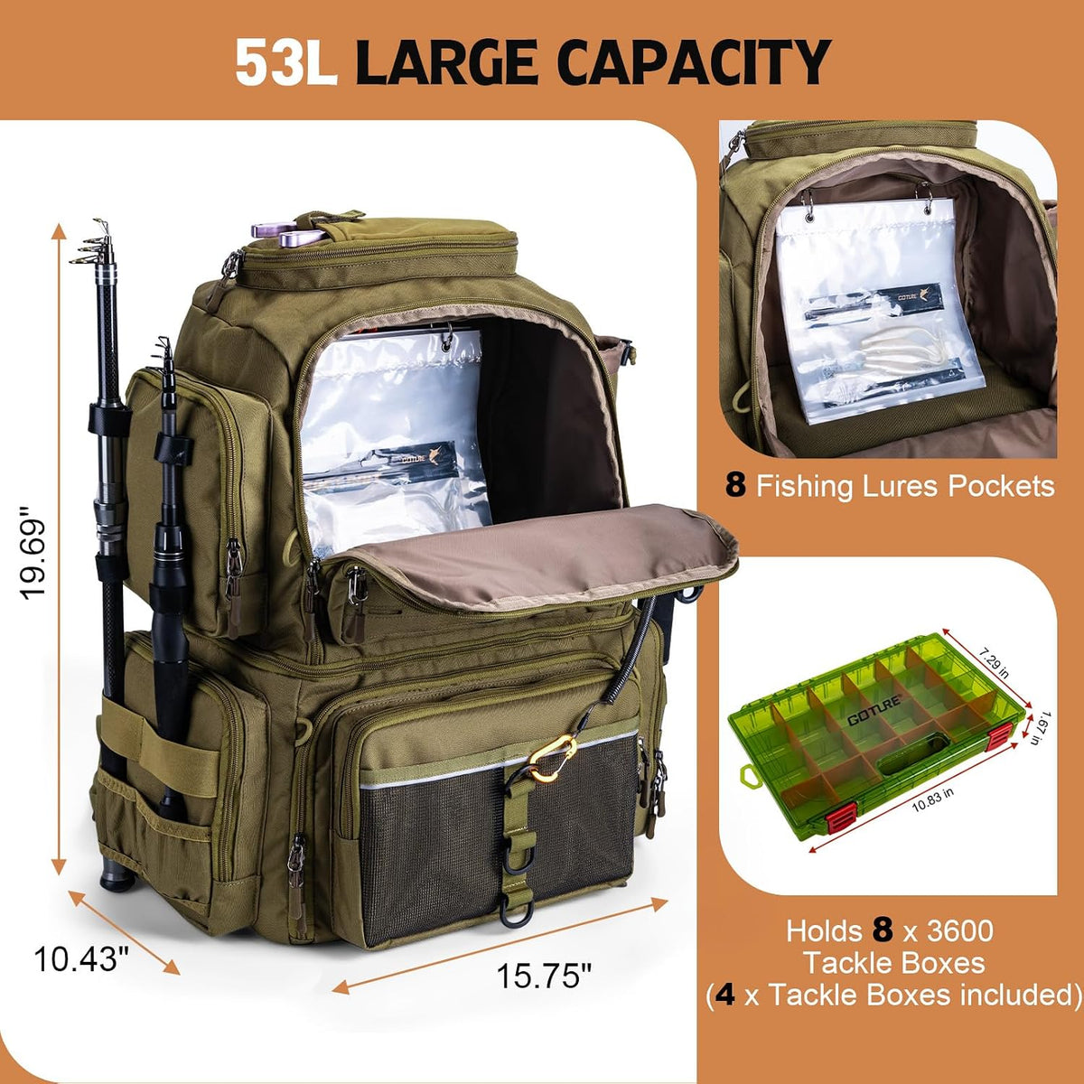 Goture Fishing Backpack with Cooler, 4 3600 Tackle Boxes,2 Rod Holders
