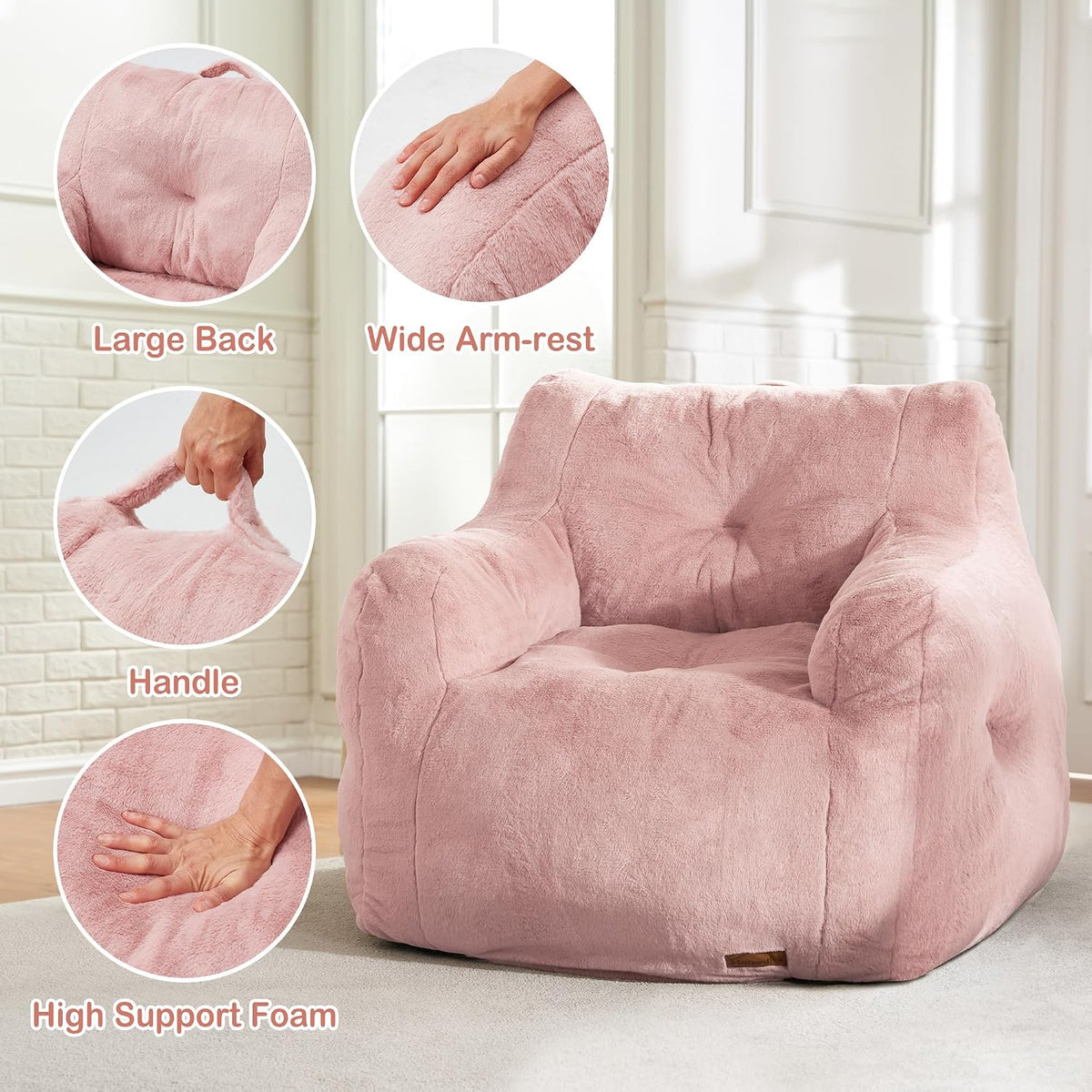 Hobestluk Furry Bean Bag Chair with Arms, Foam Filler for Adult, Pink
