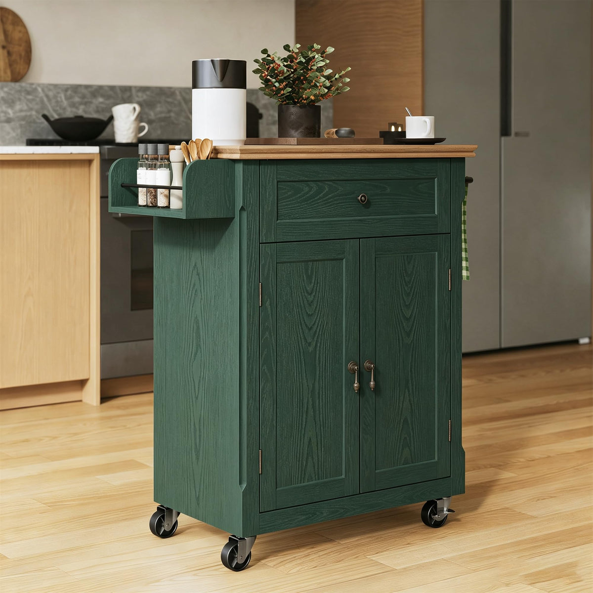 HLR 26'' Small Kitchen Island, Vintage Wood Kitchen Cart on Wheels, Green