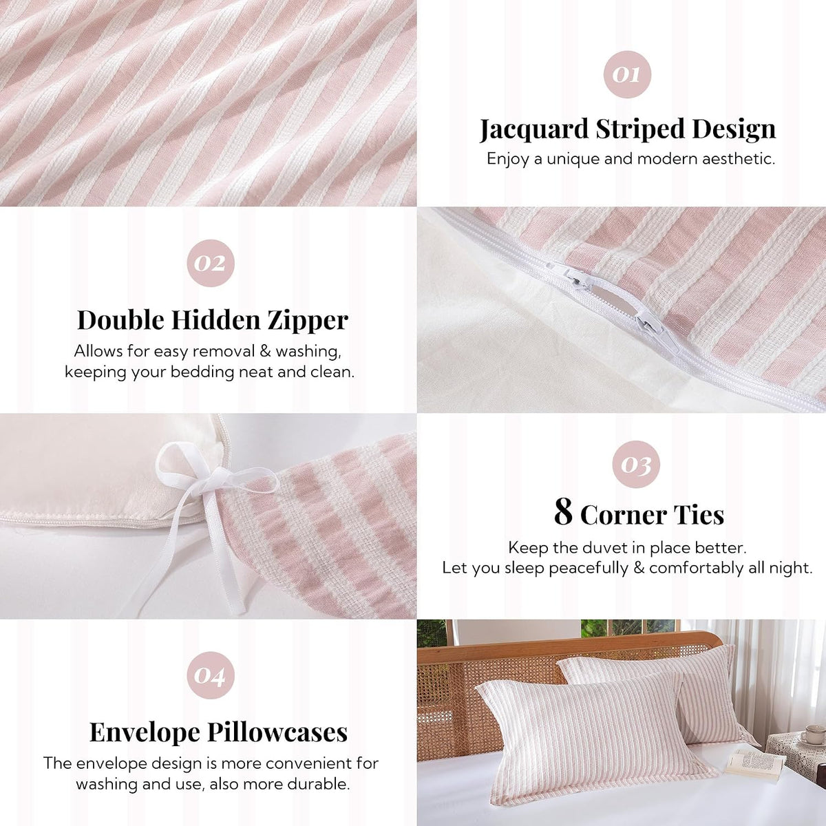 MILDLY Jacquard Striped Duvet Cover Set 3pcs Dual Zipper Pink Queen