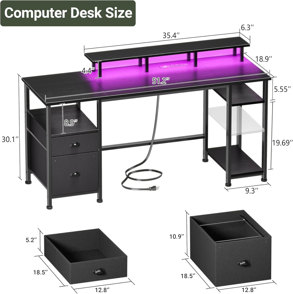 Furologee 51" Gaming Desk with Outlets & LED, Computer Office Desk, Black