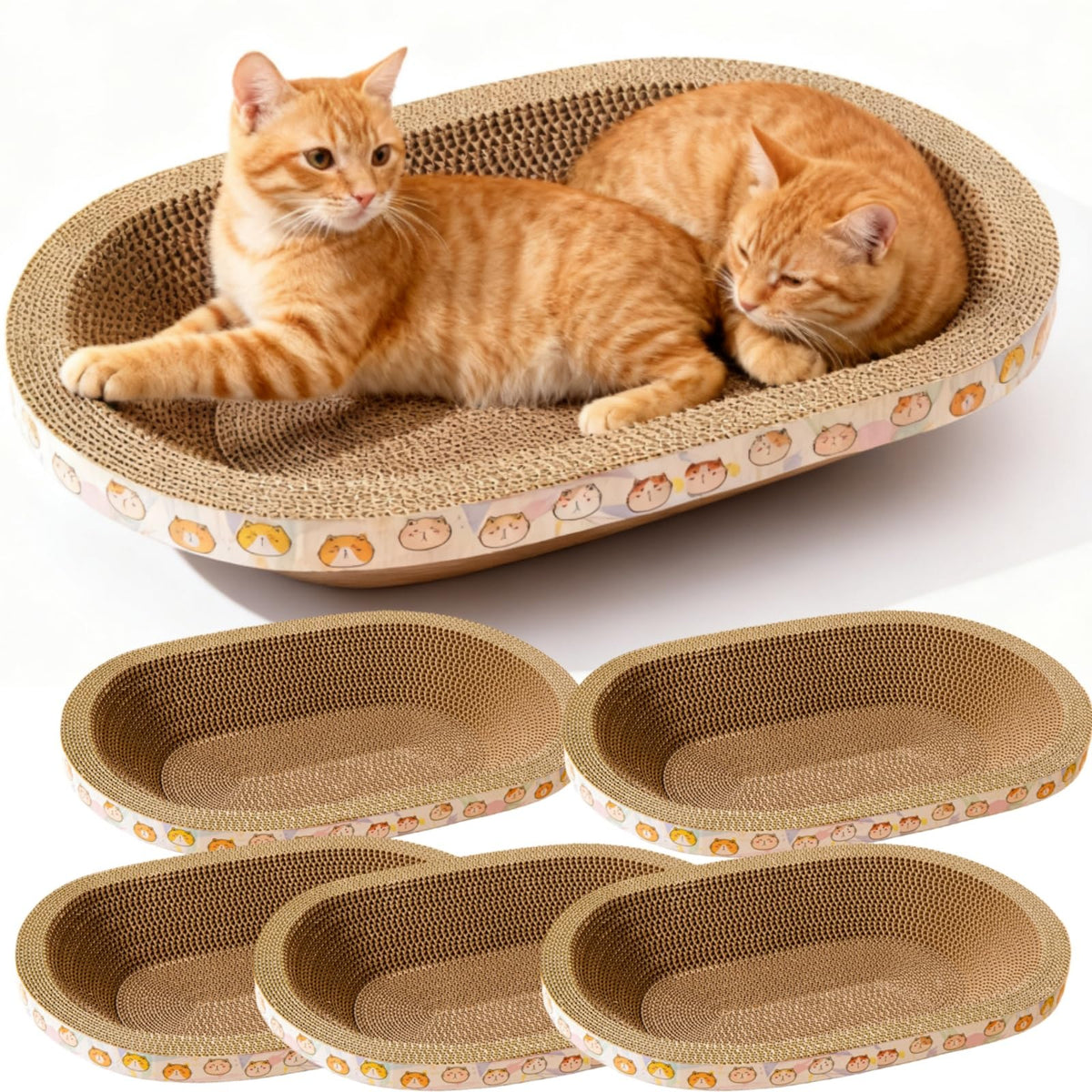 Cat Scratcher Bed with Toys, 4 Pack Oval Cat Scratcher Cardboard, Indoor Cat Scratch Bowl, Large Pad Cat Scratching Board with Catnip Fish Toy & Feather Wand for Furniture Protector