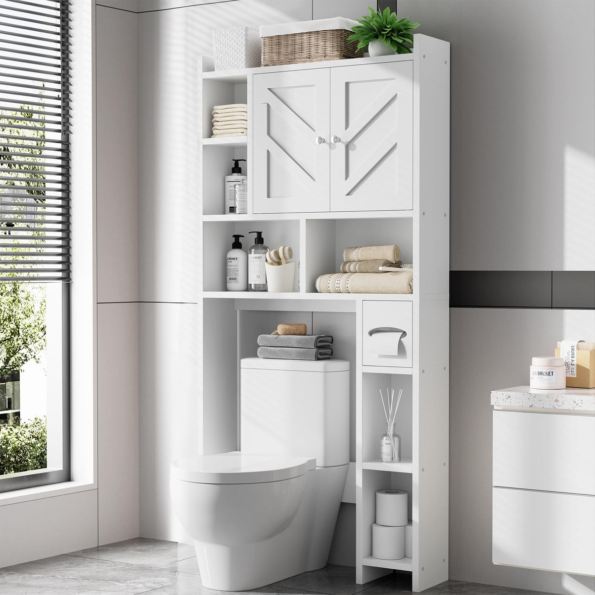 Over the Toilet Storage Cabinet, Freestanding Farmhouse Storage Cabinet Over Toilet, Bathroom Organizer with Paper Holder Stand and Adjustable Shelf, Grey