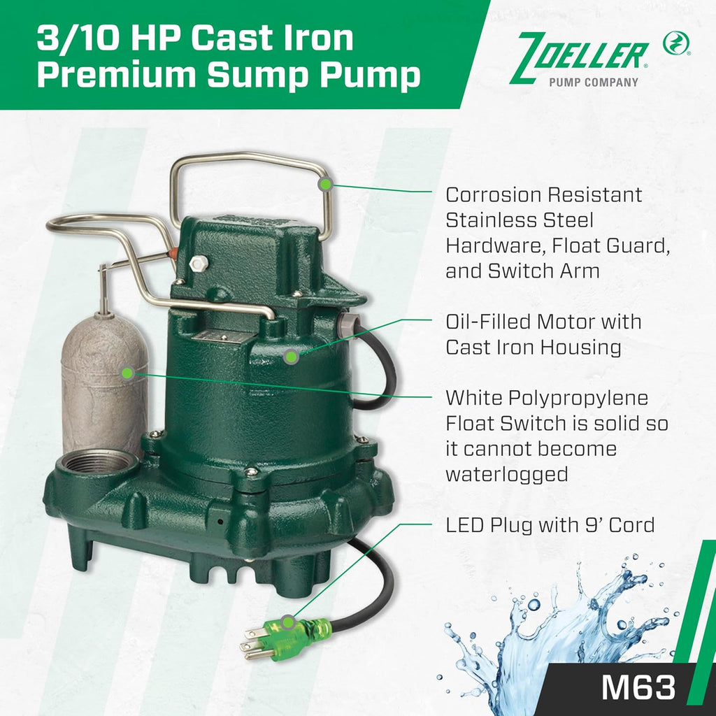 Zoeller M63 - Automatic Submersible Sump Pump - 3/10HP - Cast Iron -115V