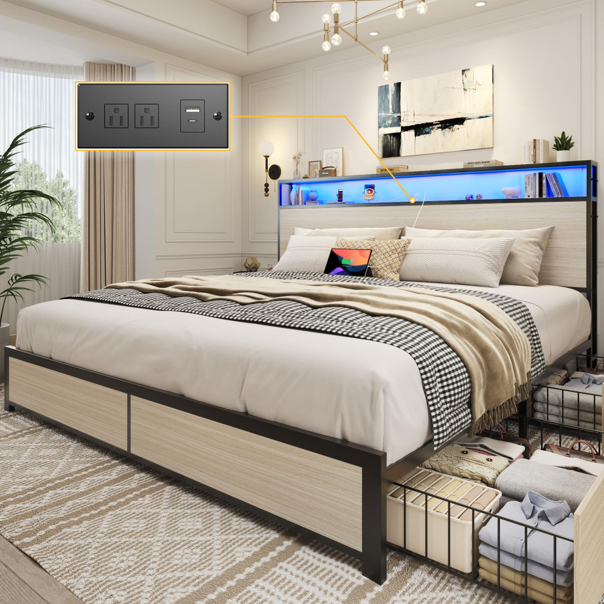 Lifezone Queen Bed Frame with 2-Tier Storage Headboard, Metal Platform Bed Frame with 4 Storage Drawers, Built in Charging Station & LED, Noise-Free/Metal Support/No Box Spring Needed, Rustic Grey
