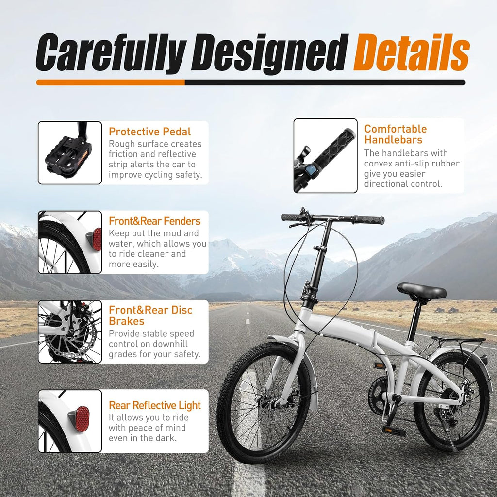 20-Inch Folding Bike with 7-Speed, Lightweight Collapsible Bicycle for City Commuting, Foldable Bikes w/ Elevable Handlebars & Adjustable Seat Height, 7-Gear Transmission Disc Brakes for Traveling