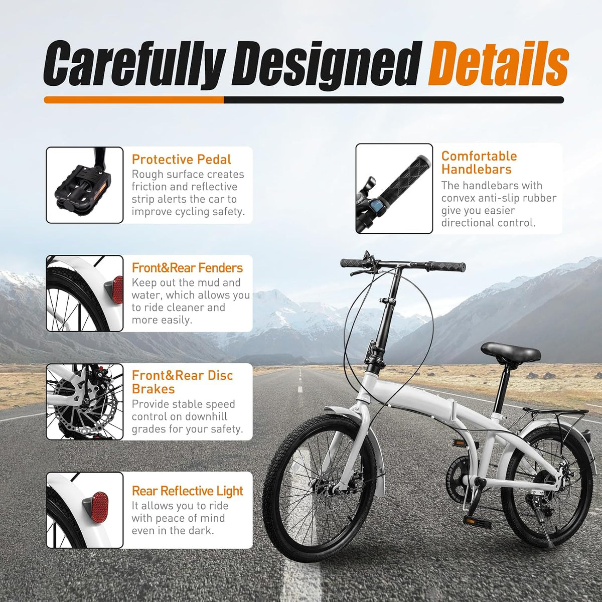 20-Inch Folding Bike, Foldable Bike for Adults Adjustable Seat Height & Elevable Handlebars Store in The Trunk 7-Gear Transmission Front and Rear Disc Brakes for Traveling