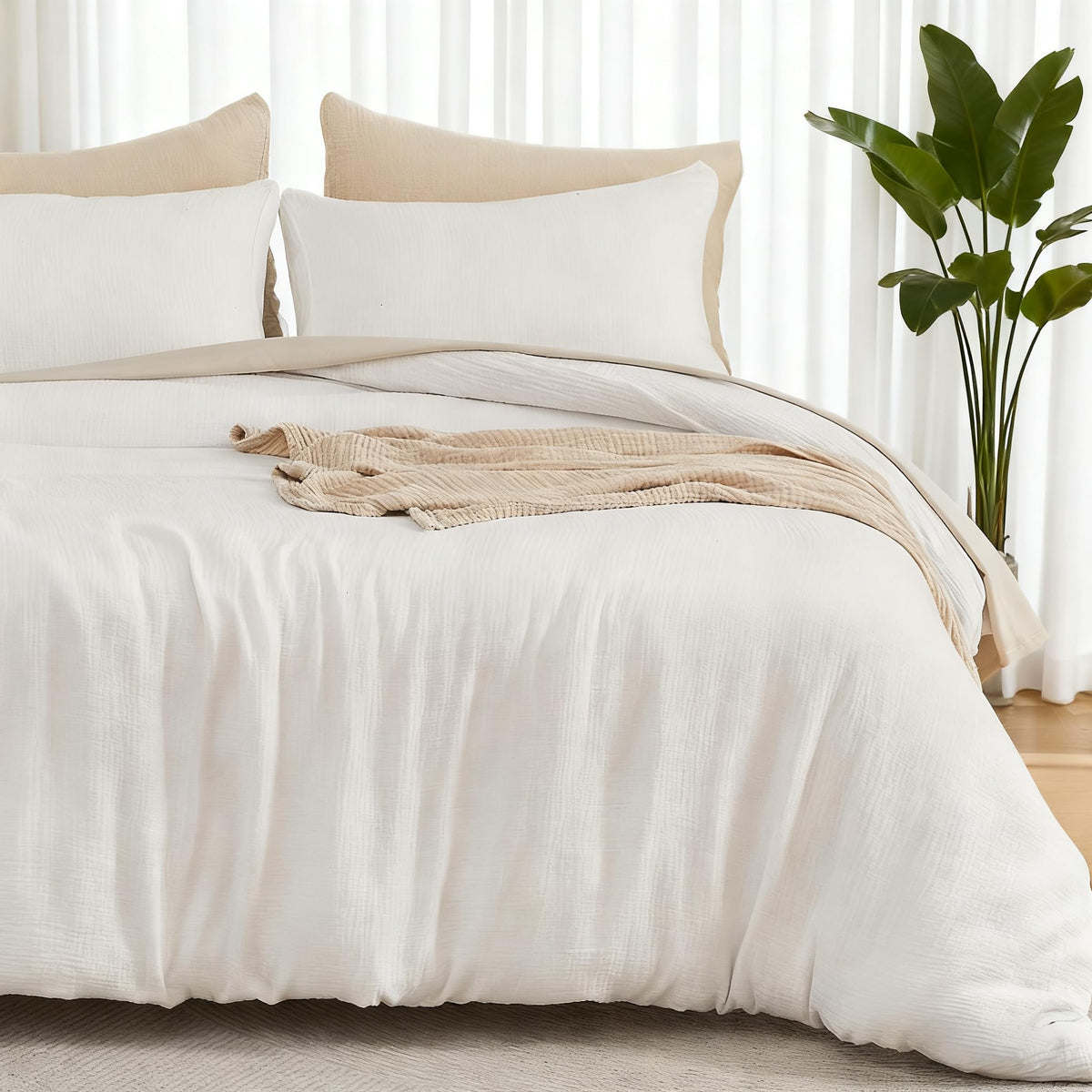 EMME Muslin Cotton Duvet Cover Set Linen Like Cream White King
