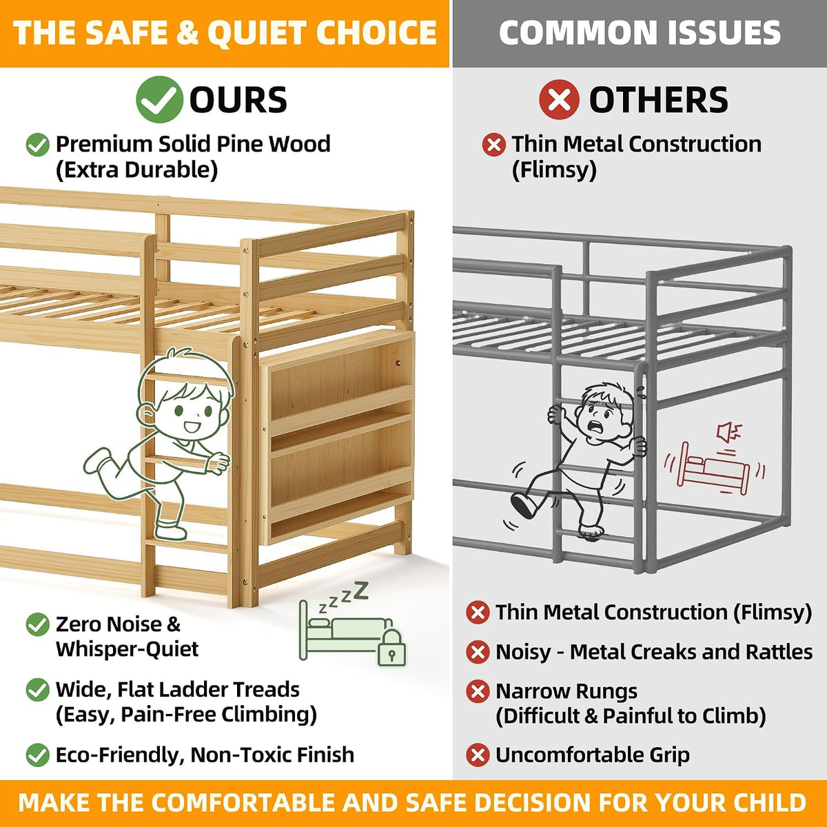 TOLEAD Low Bunk Bed Twin Over Twin, Floor Bunk Bed with Bookshelf&Ladder, Twin Bunk Bed with Full Guardrails, Wooden Bunk Bed for Juniors, Boys, Girls, Kids, Bedrooms (Natural)
