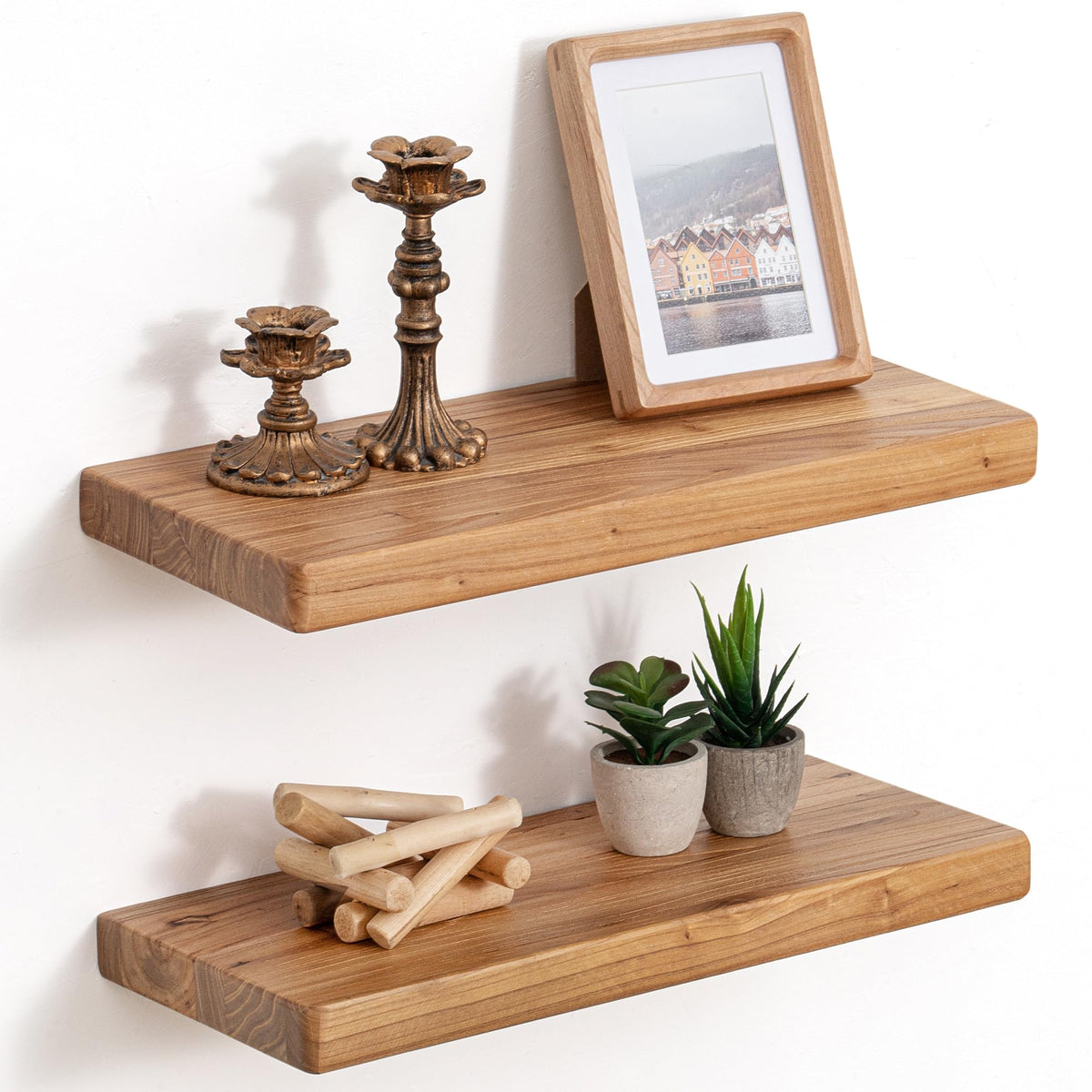 Floating Shelves for Wall, Solid Elm Wood Shelves, 24in Set of 2, Natural
