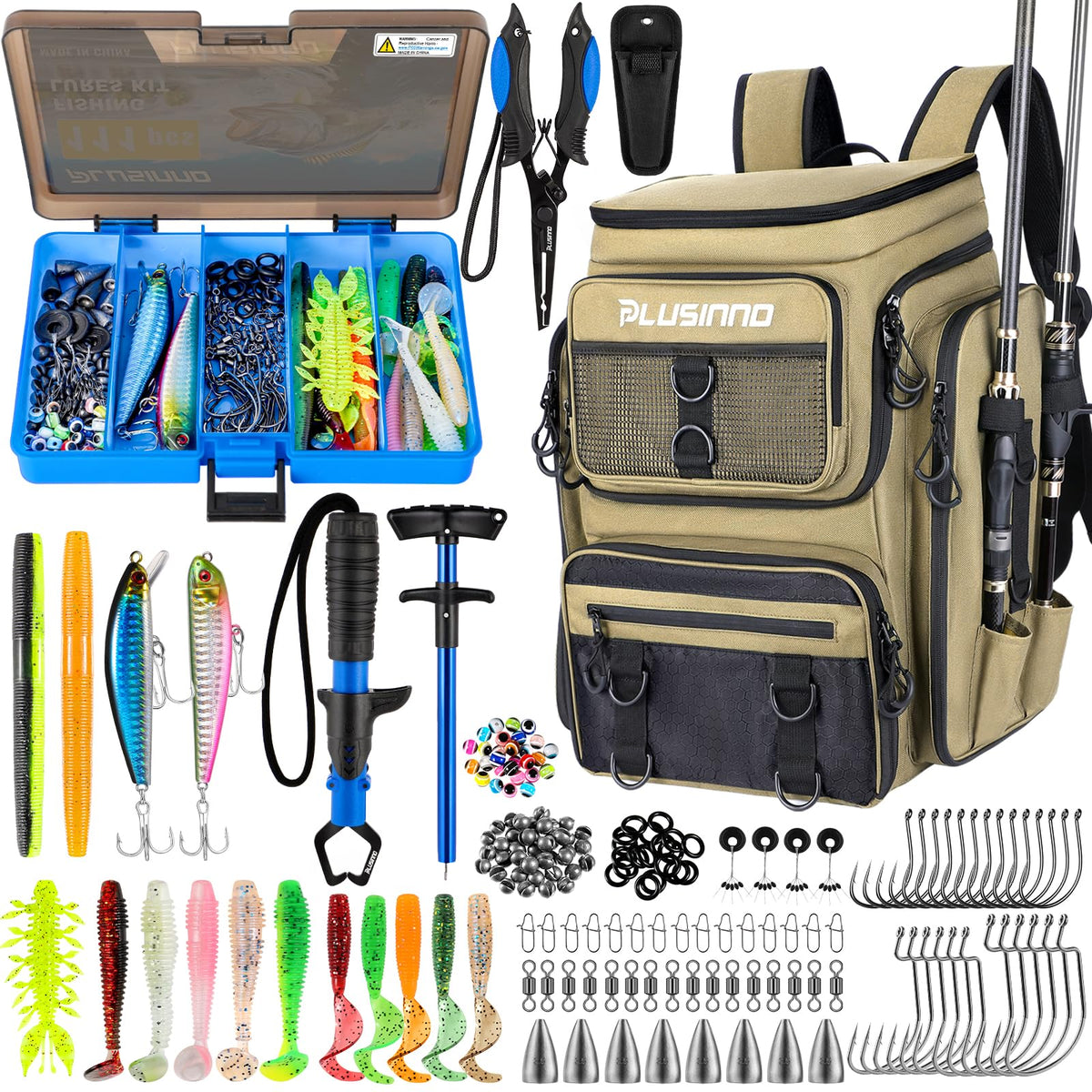 PLUSINNO Fishing Backpack with Fishing Net,42L Waterproof tackle Backpack with Tackle Boxes,Fishing Gear,Lures,Tools,Pliers & Accessories, Fishing Gifts for Men
