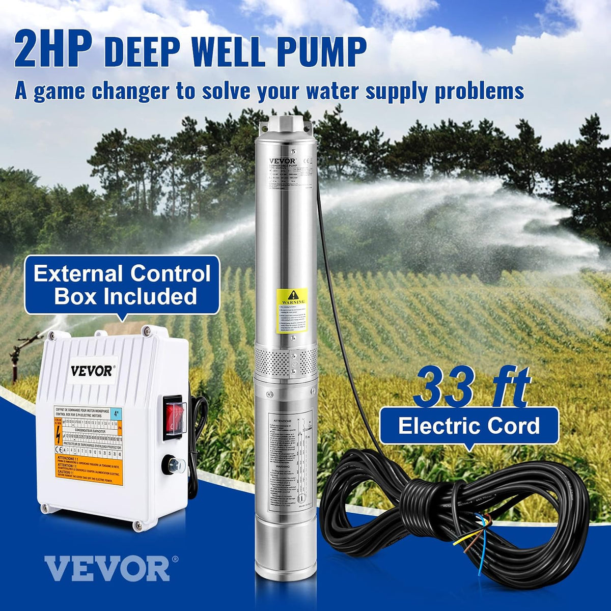 VEVOR Deep Well Submersible Pump 2 HP 230V/60Hz 37 GPM Flow 427 ft Head