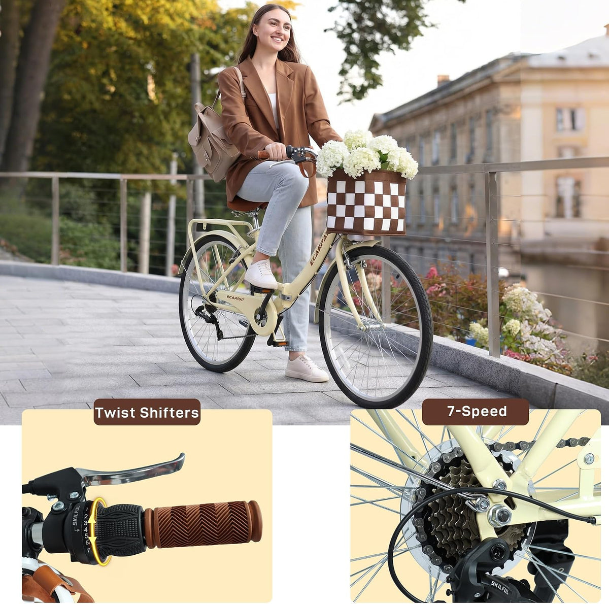 Ecarpat 26 Inch Folding Beach Cruiser Bike for Women, 7 Speed Comfortable City Bike with Rear Rack, Cup Holder and Basket, Steel Frame Commuter Foldable Bicycle with Dual V-Brakes for Adults