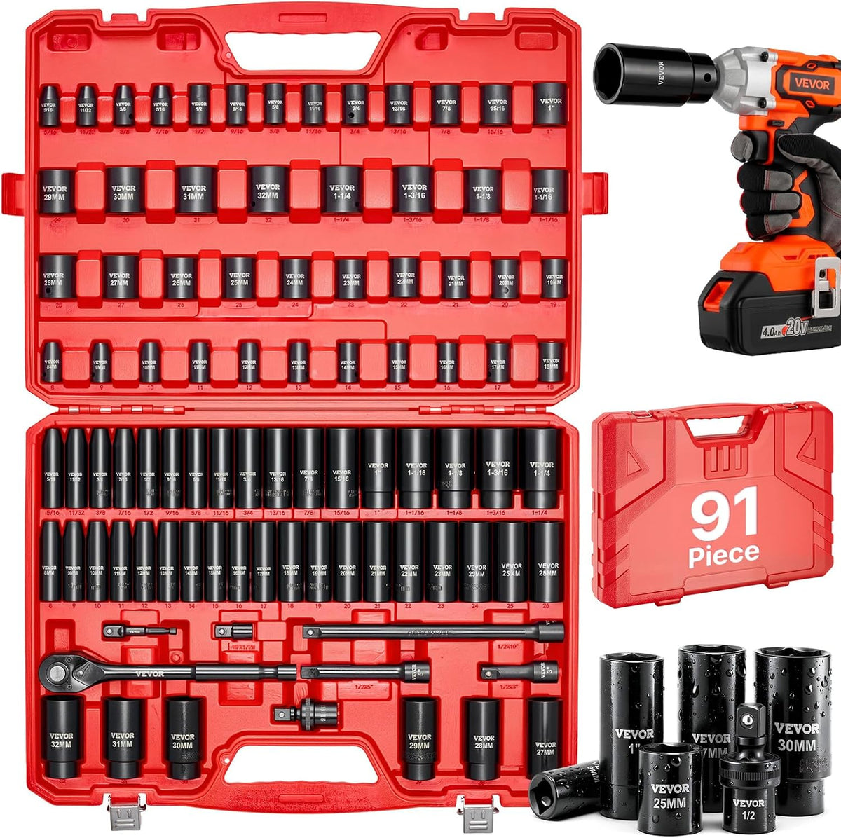 VEVOR 91-Piece 1/2" Drive Impact Socket Set, Deep & Shallow Kit