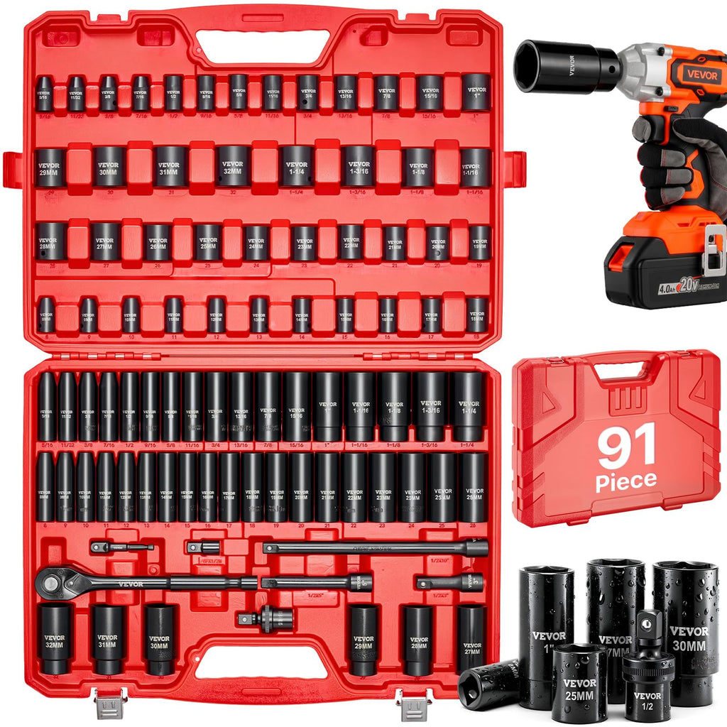 VEVOR 91-Piece 1/2" Drive Impact Socket Set, Deep & Shallow Kit