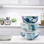 Golden Rabbit Enamelware Nested Mixing Bowls with Lids, Set of 3, Lagoon