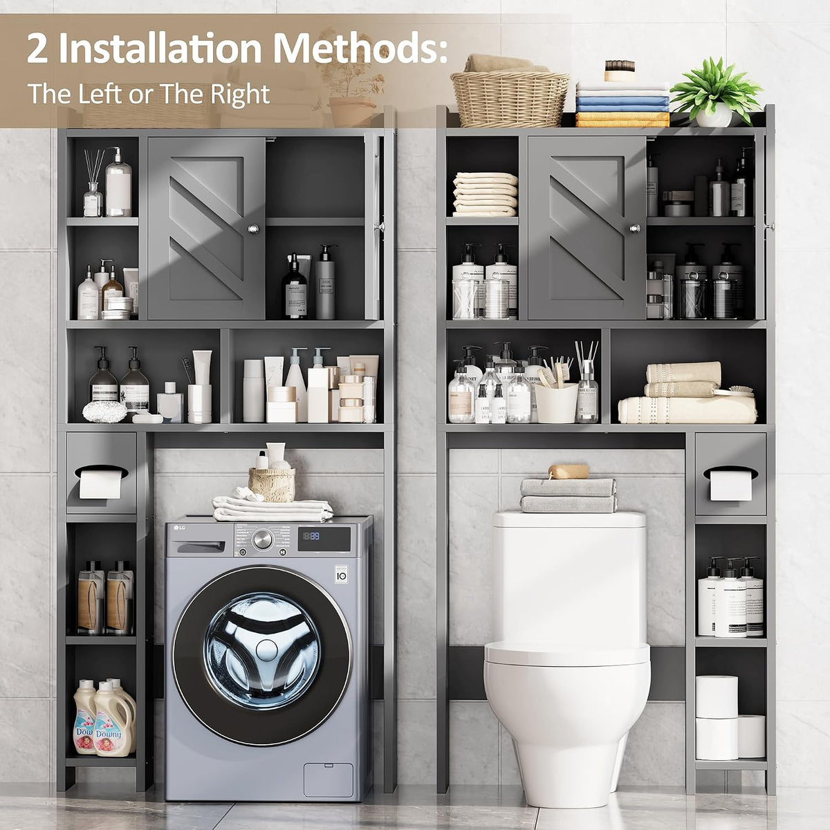 Over the Toilet Storage Cabinet, Freestanding Farmhouse Storage Cabinet Over Toilet, Bathroom Organizer with Paper Holder Stand and Adjustable Shelf, Grey