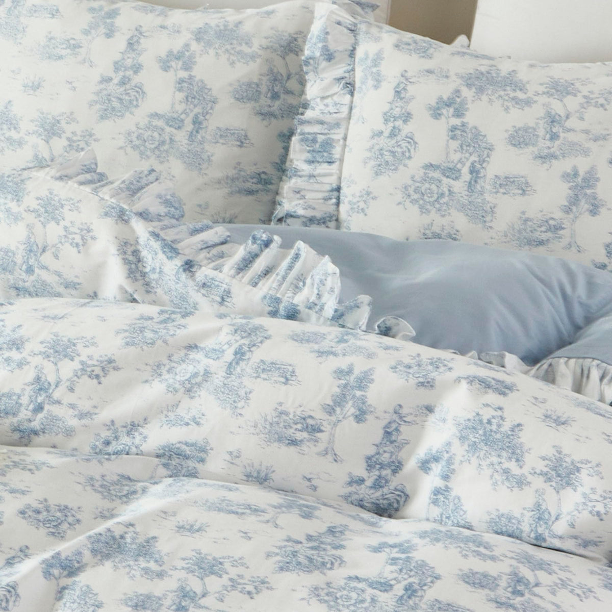 Brandream French Country Toile Queen Duvet Cover Set for Girl Women Bedroom Vintage Pink Toile Floral Print 100% Cotton Duvet Quilt Comforter Cover Pillow Shams Set with Delicate Ruffle Fringe